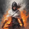 White Assassin emerging from a firey fog of battle, ink splash, Highly Detailed, Vibrant Colors, Ink Art, Fantasy, Dark by Stanley Artgerm Lau