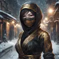 Wallpaper of a mysterious beautiful masked kunoichi ninja wearing eyeliner and gold jewelry in the streets of a dark snowy town in moscow, fluid motion, 8k, Intricate Details, Trending on Artstation, Beautiful, Stunning, Centered by Stanley Artgerm Lau, WLOP