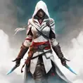 White hooded female assassin from Assassin's Creed, Highly Detailed, Unreal Engine, Volumetric Lighting, Vibrant Colors, Ink Art, Fantasy, Dark by Peter Mohrbacher