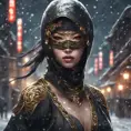 Wallpaper of a mysterious beautiful masked kunoichi ninja wearing eyeliner and gold jewelry in the streets of a dark snowy town in moscow, fluid motion, 8k, Intricate Details, Trending on Artstation, Beautiful, Stunning, Centered by Stanley Artgerm Lau, WLOP