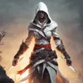 White hooded female assassin from Assassin's Creed, Highly Detailed, Unreal Engine, Volumetric Lighting, Vibrant Colors, Ink Art, Fantasy, Dark by Peter Mohrbacher