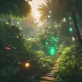 Studio ghibli, rocket explosion, jungle, solar, green technology, optimist future, 8k, Bokeh effect, Cinematic Lighting, Octane Render, Iridescence, Volumetric Lighting, Vibrant by Beeple, Asher Brown Durand, Dan Mumford, Greg Rutkowski, WLOP