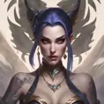 Matte portrait of Morgana from League of Legends with tattoos, 8k, Highly Detailed, Powerful, Alluring, Artstation, Magical, Digital Painting, Photo Realistic, Sharp Focus, Volumetric Lighting, Concept Art by Stanley Artgerm Lau, Alphonse Mucha, Greg Rutkowski