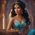 Alluring matte portrait of Princess Jasmine in the style of Stefan Kostic, 4k, 4k resolution, 8k, HD, High Definition, High Resolution, Highly Detailed, HQ, Hyper Detailed, Intricate Artwork, Ultra Detailed, Digital Painting, Matte Painting, Realistic, Sharp Focus, Dim light, Fantasy