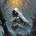 White hooded female assassin emerging from the fog of war, Highly Detailed, Vibrant Colors, Ink Art, Fantasy, Dark by Alex Horley