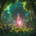 Studio ghibli, rocket explosion, jungle, solar, green technology, optimist future, 8k, Bokeh effect, Cinematic Lighting, Octane Render, Iridescence, Volumetric Lighting, Vibrant by Beeple, Asher Brown Durand, Dan Mumford, Greg Rutkowski, WLOP