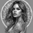 Grayscale portrait of Eiza González with colored tattoos, 4k, Highly Detailed, Hyper Detailed, Powerful, Artstation, Vintage Illustration, Digital Painting, Sharp Focus, Smooth, Concept Art by Alphonse Mucha