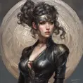 Alluring matte portrait of a beautiful Sona wearing black leather, 8k, Highly Detailed, Intricate, Half Body, Realistic, Sharp Focus, Volumetric Lighting, Fantasy, Elegant by Stanley Artgerm Lau, Alphonse Mucha, WLOP