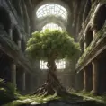 A Tree Of Life growing in the middle of overgrown ancient ruins indoors., 4k resolution, Hyper Detailed, Trending on Artstation, Volumetric Lighting, Concept Art, Digital Art, Fantasy, Dark by Greg Rutkowski