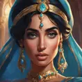 Alluring matte portrait of Princess Jasmine in the style of Stefan Kostic, 4k, 4k resolution, 8k, HD, High Definition, High Resolution, Highly Detailed, HQ, Hyper Detailed, Intricate Artwork, Ultra Detailed, Digital Painting, Matte Painting, Realistic, Sharp Focus, Dim light, Fantasy