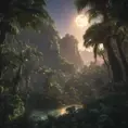 Moonrise over an epic jungle, Highly Detailed, Intricate, Cinematic Lighting, Unreal Engine, Radiant, Fantasy by Stanley Artgerm Lau