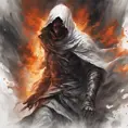 White Assassin emerging from a firey fog of battle, ink splash, Highly Detailed, Vibrant Colors, Ink Art, Fantasy, Dark by Stanley Artgerm Lau