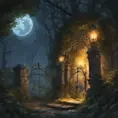 A beautiful digital illustration painting of a detailed gothic fantasy fireflies forest trees and iron gate cobblestone pathway vines full moon, 8k, Artstation, Digital Illustration, Concept Art by Justin Gerard, James Gurney