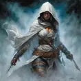 White hooded female assassin emerging from the fog of war, Highly Detailed, Vibrant Colors, Ink Art, Fantasy, Dark by Alex Horley