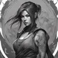 Grayscale matte portrait of a beautiful female ninja with tattoos, 4k, Highly Detailed, Powerful, Alluring, Artstation, Magical, Digital Painting, Photo Realistic, Sharp Focus, Volumetric Lighting, Concept Art by Stanley Artgerm Lau, Alphonse Mucha, Greg Rutkowski