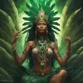 Visionary painting of an alluring mystical tribal goddess surrounded by feathers and emerald gemstones, 8k, Highly Detailed, Intricate, Artstation, Matte Painting, Sharp Focus, Volumetric Lighting, Concept Art by Stanley Artgerm Lau, Greg Rutkowski