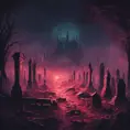 Hyper Detailed illustration of an eerie dystopian graveyard at night, 8k, Gothic and Fantasy, Horror, Epic, Sharp Focus, Deviantart by Alena Aenami, Studio Ghibli