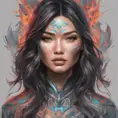 Gemma Chan, colorful painting on grey scale face, powerful, magic, thunders, dramatic lighting, intricate tattoos, wild, highly detailed, digital painting, artstation, concept art, smooth, sharp focus, illustration, art by artgerm and greg rutkowski and alphonse mucha, footage, 4k, Hyper Detailed