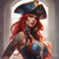 Matte portrait of Miss Fortune from League of Legends with tattoos, 8k, Highly Detailed, Powerful, Alluring, Artstation, Magical, Digital Painting, Photo Realistic, Sharp Focus, Volumetric Lighting, Concept Art by Stanley Artgerm Lau, Alphonse Mucha, Greg Rutkowski