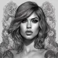 Grayscale portrait of Eiza González with colored tattoos, 4k, Highly Detailed, Hyper Detailed, Powerful, Artstation, Vintage Illustration, Digital Painting, Sharp Focus, Smooth, Concept Art by Alphonse Mucha