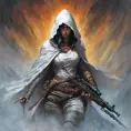 White hooded female assassin emerging from the fog of war, Highly Detailed, Vibrant Colors, Ink Art, Fantasy, Dark by Alex Horley