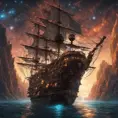 Pirate Ship, Intricate, Ultra Detailed, Symmetry, Beautiful, Sharp Focus, Astrophotography, Centered, Volumetric Lighting by Dan Mumford, Marc Simonetti