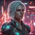 Portrait of Ciri as a Cyborg, 8k, Highly Detailed, Intricate, Intricate Artwork, Symmetry, Trending on Artstation, Cinematic Lighting, Octane Render, Iridescence, Abstract colors, Realism by Beeple, Dan Mumford, Greg Rutkowski, WLOP