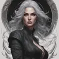 Alluring matte portrait of a fierce beautiful Yennefer in black, 8k, Highly Detailed, Intricate, Half Body, Realistic, Sharp Focus, Volumetric Lighting, Fantasy, Elegant by Stanley Artgerm Lau, Alphonse Mucha, WLOP, Stefan Kostic