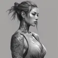 Grayscale matte portrait of a beautiful female ninja with tattoos, 4k, Highly Detailed, Powerful, Alluring, Artstation, Magical, Digital Painting, Photo Realistic, Sharp Focus, Volumetric Lighting, Concept Art by Stanley Artgerm Lau, Alphonse Mucha, Greg Rutkowski