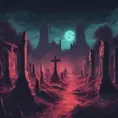 Hyper Detailed illustration of an eerie dystopian graveyard at night, 8k, Gothic and Fantasy, Horror, Epic, Sharp Focus, Deviantart by Alena Aenami, Studio Ghibli