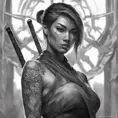 Grayscale matte portrait of a beautiful female ninja with tattoos, 4k, Highly Detailed, Powerful, Alluring, Artstation, Magical, Digital Painting, Photo Realistic, Sharp Focus, Volumetric Lighting, Concept Art by Stanley Artgerm Lau, Alphonse Mucha, Greg Rutkowski