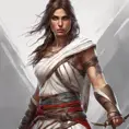 Alluring matte portrait of a fierce looking Kassandra in white Assassin's Creed style, 8k, Highly Detailed, Intricate, Half Body, Realistic, Sharp Focus, Volumetric Lighting, Fantasy, Elegant by Stanley Artgerm Lau, Alphonse Mucha, WLOP