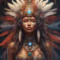 A visionary painting of a single alluring electronic mystical tribal goddess surrounded by feathers and gemstones, 8k, Highly Detailed, Intricate, Artstation, Matte Painting, Sharp Focus, Volumetric Lighting, Concept Art by Stanley Artgerm Lau, Greg Rutkowski