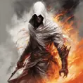 White Assassin emerging from a firey fog of battle, ink splash, Highly Detailed, Vibrant Colors, Ink Art, Fantasy, Dark by Stanley Artgerm Lau