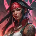 Matte portrait of Akali from League of Legends with tattoos, 8k, Highly Detailed, Powerful, Alluring, Artstation, Magical, Digital Painting, Photo Realistic, Sharp Focus, Volumetric Lighting, Concept Art by Stanley Artgerm Lau, Alphonse Mucha, Greg Rutkowski