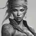 Grayscale matte portrait of a beautiful female ninja with tattoos, 4k, Highly Detailed, Powerful, Alluring, Artstation, Magical, Digital Painting, Photo Realistic, Sharp Focus, Volumetric Lighting, Concept Art by Stanley Artgerm Lau, Alphonse Mucha, Greg Rutkowski