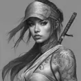 Grayscale matte portrait of a beautiful female ninja with tattoos, 4k, Highly Detailed, Powerful, Alluring, Artstation, Magical, Digital Painting, Photo Realistic, Sharp Focus, Volumetric Lighting, Concept Art by Stanley Artgerm Lau, Alphonse Mucha, Greg Rutkowski