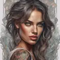 Colorful portrait of a tattooed Irina Shayk with a grey scale face, 4k, Highly Detailed, Hyper Detailed, Powerful, Artstation, Vintage Illustration, Digital Painting, Sharp Focus, Smooth, Concept Art by Stanley Artgerm Lau, Alphonse Mucha, Greg Rutkowski