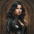 Alluring matte portrait of the beautiful goddess Selena in black leather in the style of Stefan Kostic, 8k, Highly Detailed, Intricate, Realistic, Sharp Focus, Volumetric Lighting, Fantasy, Elegant by Stanley Artgerm Lau, Alphonse Mucha, WLOP