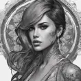 Grayscale portrait of Eiza González with colored tattoos, 4k, Highly Detailed, Hyper Detailed, Powerful, Artstation, Vintage Illustration, Digital Painting, Sharp Focus, Smooth, Concept Art by Alphonse Mucha