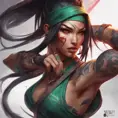 Matte portrait of Akali from League of Legends with tattoos, 8k, Highly Detailed, Powerful, Alluring, Artstation, Magical, Digital Painting, Photo Realistic, Sharp Focus, Volumetric Lighting, Concept Art by Stanley Artgerm Lau, Alphonse Mucha, Greg Rutkowski