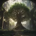 A Tree Of Life growing in the middle of overgrown ancient ruins indoors., 4k resolution, Hyper Detailed, Trending on Artstation, Volumetric Lighting, Concept Art, Digital Art, Fantasy, Dark by Greg Rutkowski