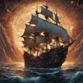 Pirate Ship, Intricate, Ultra Detailed, Symmetry, Beautiful, Sharp Focus, Astrophotography, Centered, Volumetric Lighting by Dan Mumford, Marc Simonetti