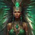 Visionary painting of an alluring mystical tribal goddess surrounded by feathers and emerald gemstones, 8k, Highly Detailed, Intricate, Artstation, Matte Painting, Sharp Focus, Volumetric Lighting, Concept Art by Stanley Artgerm Lau, Greg Rutkowski