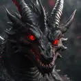 a black dragon with red eyes in 2d, 4k resolution, 8k, HDR, High Definition, High Resolution, Highly Detailed, Hyper Detailed, Ultra Detailed, Closeup of Face, Gothic and Fantasy, Gothic, Horns, Large Eyes, Soft Details, Strong Jaw, Digital Illustration