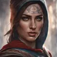 Matte portrait of Kassandra from Assassins Creed with tattoos, 8k, Highly Detailed, Powerful, Alluring, Artstation, Magical, Digital Painting, Photo Realistic, Sharp Focus, Volumetric Lighting, Concept Art by Stanley Artgerm Lau, Alphonse Mucha, Greg Rutkowski