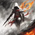 White Assassin emerging from a firey fog of battle, ink splash, Highly Detailed, Vibrant Colors, Ink Art, Fantasy, Dark by Stanley Artgerm Lau