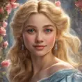 Cinderella, Atmospheric, High Definition, Highly Detailed, Hyper Detailed, Intricate Artwork, Intricate Details, Masterpiece, Ultra Detailed, Closeup of Face, Half Body, Beautiful, Gorgeous, Unimaginable Beauty, Blonde Hair, Large Eyes, Perfect Face, Pretty Face, Rosy Cheeks, Small Nose, Smiling, Matte Painting, Spring, Sunny Day, Sharp Focus, Centered, Beautifully Lit, Closeup Portrait, Portrait, Fantasy, Colorful, Vivid by Stefan Kostic