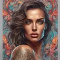 Colorful portrait of a tattooed Irina Shayk with a grey scale face, 4k, Highly Detailed, Hyper Detailed, Powerful, Artstation, Vintage Illustration, Digital Painting, Sharp Focus, Smooth, Concept Art by Stanley Artgerm Lau, Alphonse Mucha, Greg Rutkowski