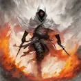 White Assassin emerging from a firey fog of battle, ink splash, Highly Detailed, Vibrant Colors, Ink Art, Fantasy, Dark by Stanley Artgerm Lau